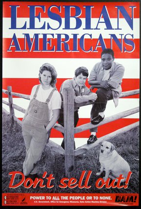 a poster with people leaning on a fence