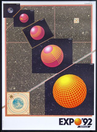 a poster of different colored spheres