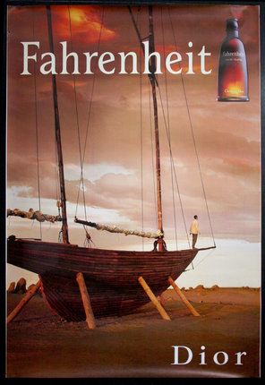 a poster with a man standing on a boat