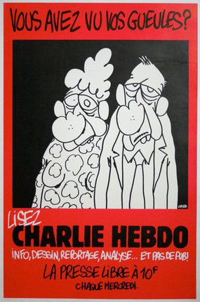 a poster with a cartoon of two men