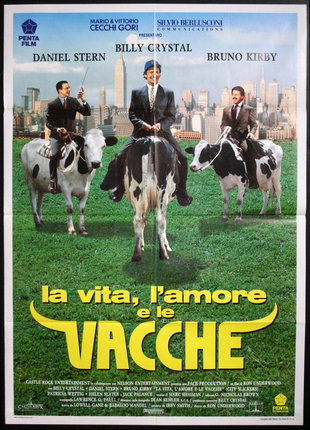 a movie poster with men riding cows