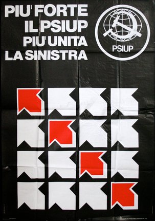 a poster with red and white arrows