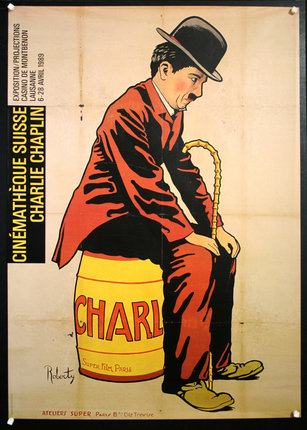 a poster of a man sitting on a barrel