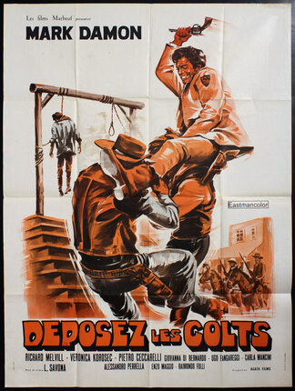 a movie poster of two cowboys fighting infront of an execution by hanging scene