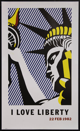 a poster with a stylized cubist illustration of the Statue of Liberty and diagonal lines