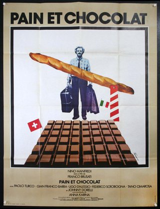 a poster of a man holding a baguette