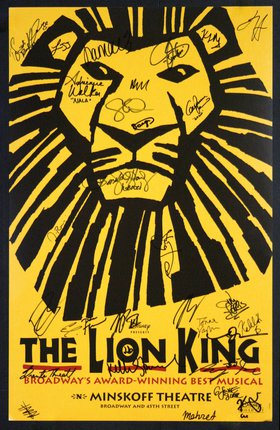 a poster with a lion head and a lion head with many signatures