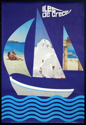 a poster with a boat and people on the beach