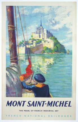a poster of a boat with a castle in the background
