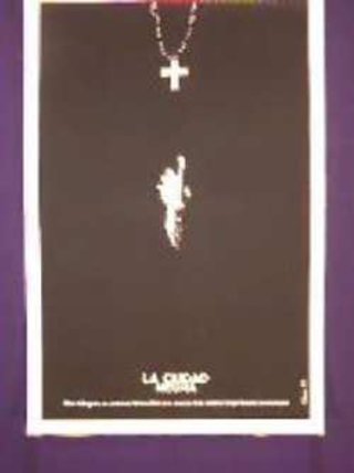 a black and white poster with a cross