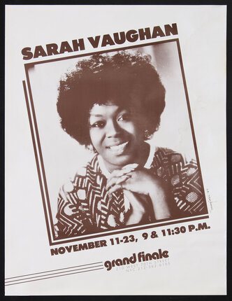 Concert poster with a photo of African American jazz singer Sarah Vaughan with her hands under her chin
