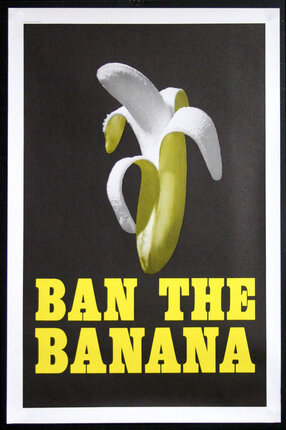 a banana with yellow text