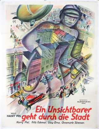 a poster of a man flying over a city