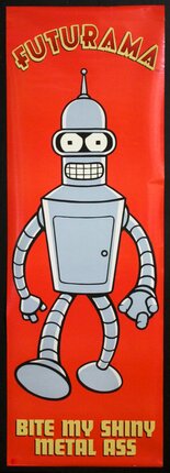 a cartoon robot on a red surface