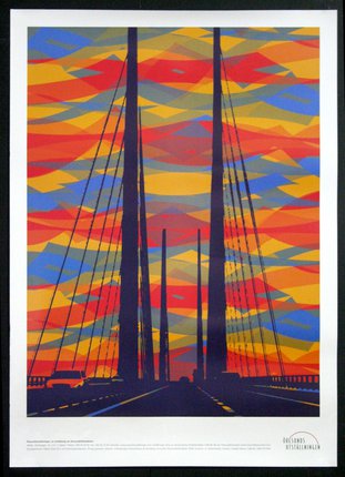 a poster of a bridge with cars and a sunset