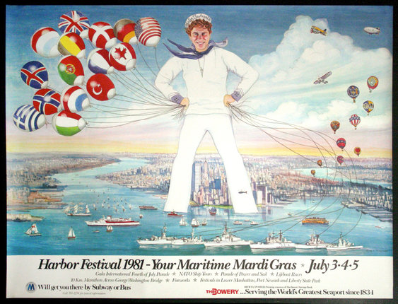 a poster of a man holding balloons