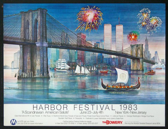 a poster of a bridge and a boat