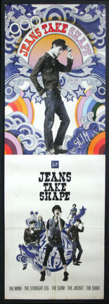 a poster of a man standing on a white background with a colorful pattern
