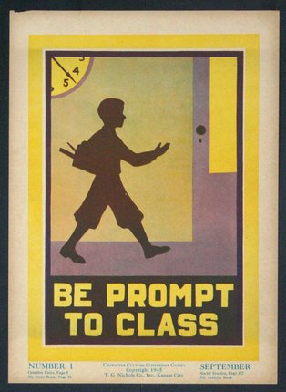 a poster with a boy walking towards a door