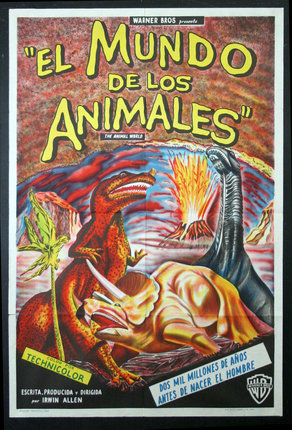 a poster of dinosaurs and volcano