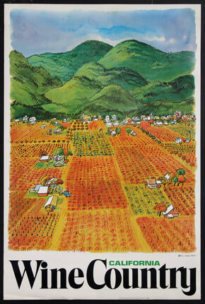 a poster with a landscape of a farm in a valley