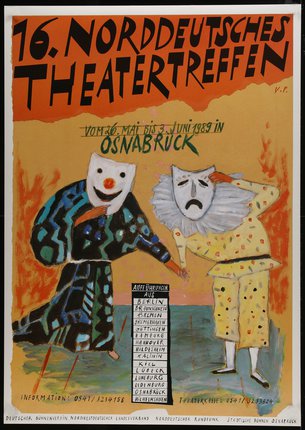 a poster with two people wearing masks