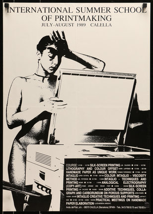 a nude woman in front of a copy machine