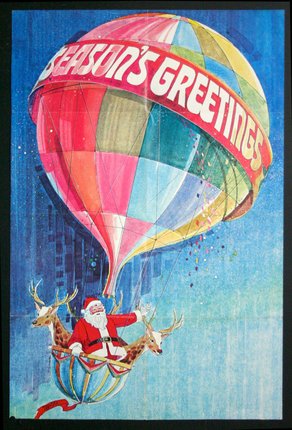 a poster of a santa claus riding a hot air balloon