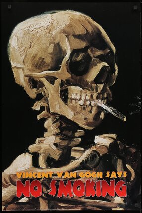 a poster of a skeleton smoking a cigarette