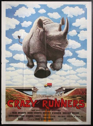a poster of a rhinoceros jumping over a bridge