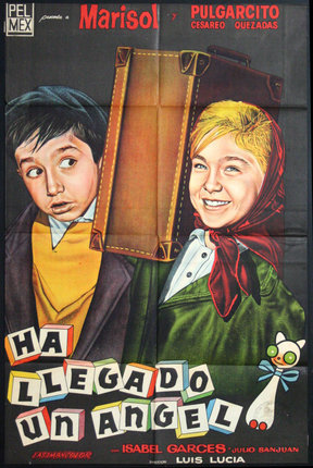 a poster of a boy and girl with a suitcase