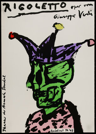 a poster of a man wearing a jester hat