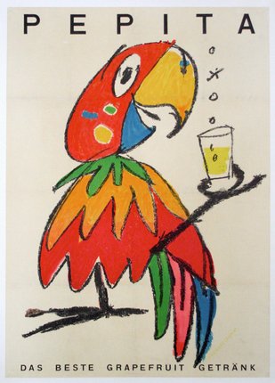 a colorful parrot holding a glass of juice