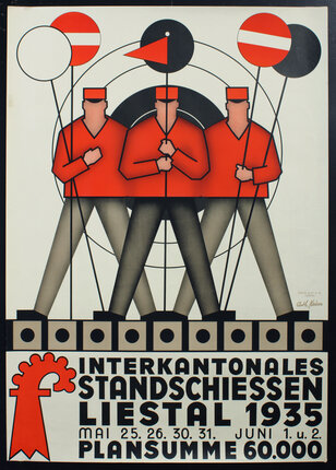 a poster with three men in red and black