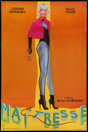 a poster of a woman wearing a pink cape and black boots