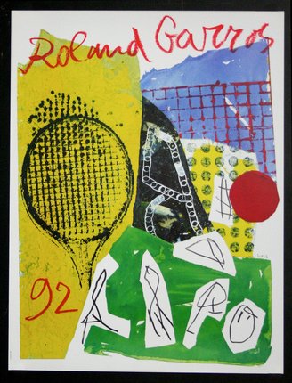 a poster with a tennis racket and a red circle