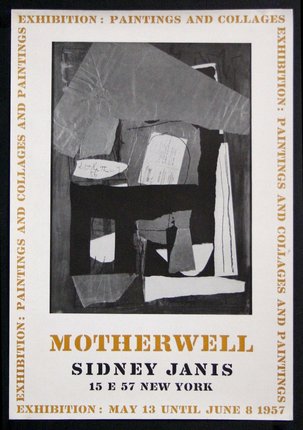 a poster with a black and white abstract art and text