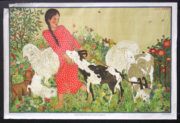a woman in red dress with white and black goats