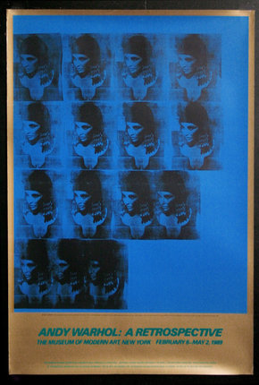 a blue poster with a woman's face