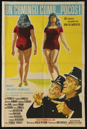 movie poster with the front and back views of a woman in a red bathing costume and two men in police uniforms ogling her