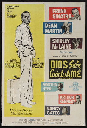 illustrated movie poster with Frank Sinatra in a suit smoking a cigarette and a suitcase at his side also included are some portraits of the cast