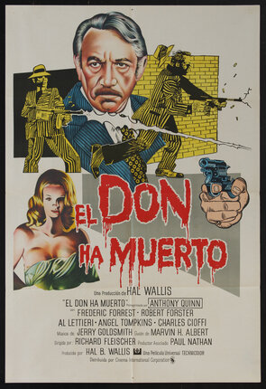 illustrated movie poster with a don, gangsters, and a woman