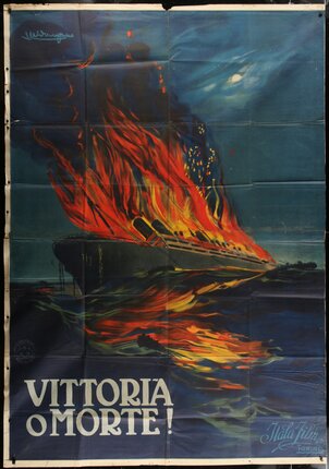 a poster of a ship on fire