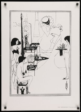 a black and white drawing of women in a room