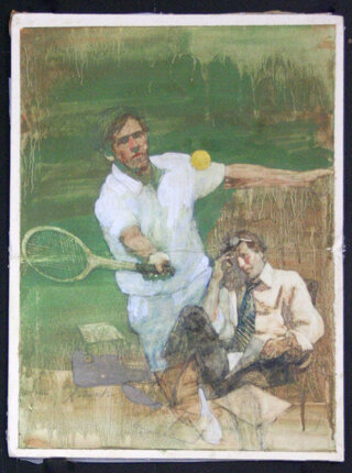 a painting of a man holding a tennis racket