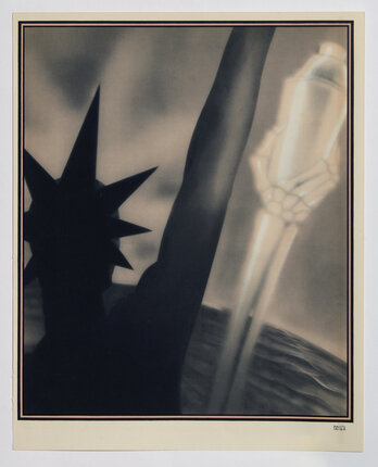 poster with a shadow of the statue of liberty facing a skeleton arm holding a cocktail shaker