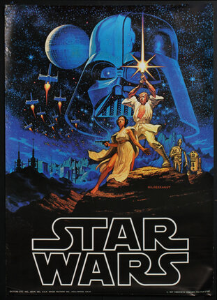 a movie poster of characters from star wars with the image of the villain darth vader and spaceships super imposed
