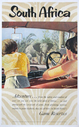 a poster of a car with two kids looking at an elephant
