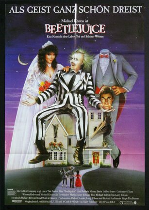 a movie poster with a man in a striped suit sitting on a house