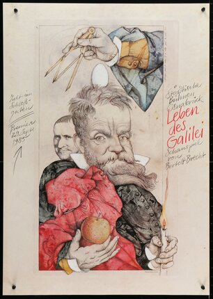 a drawing of a man holding an apple and a candle